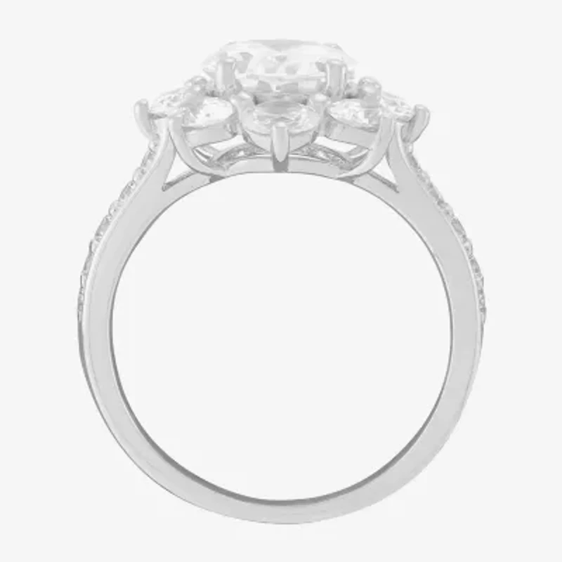 Diamonart Womens Cubic Zirconia Sterling Silver Flower Oval Side Stone Engagement Ring