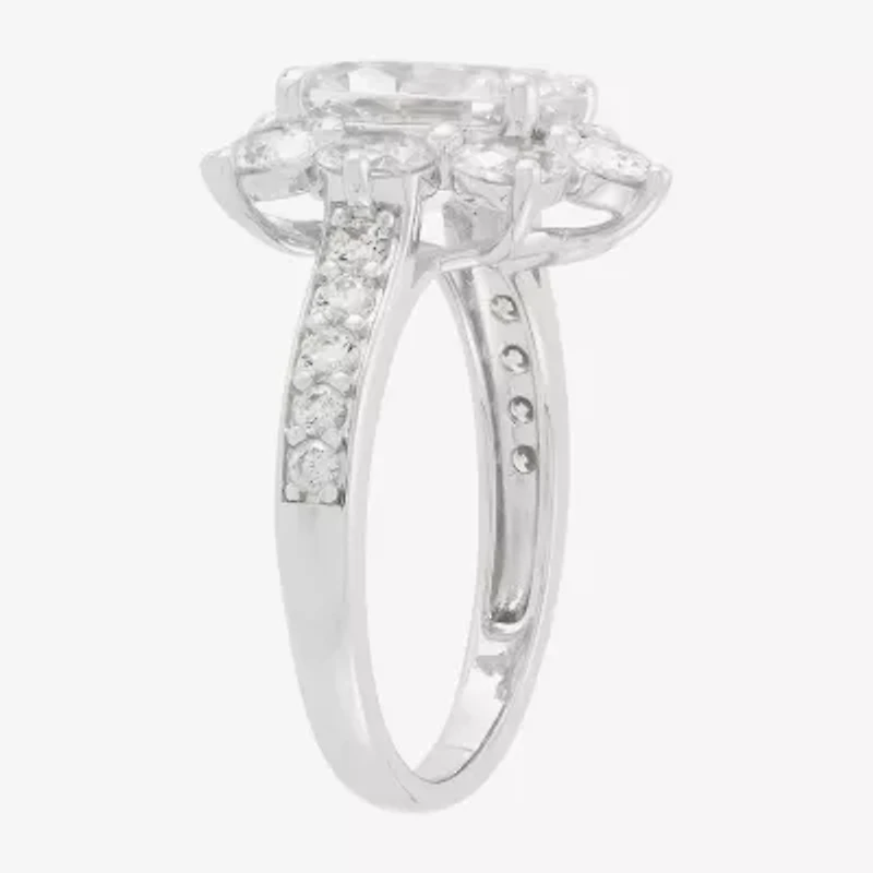 Diamonart Womens Cubic Zirconia Sterling Silver Flower Oval Side Stone Engagement Ring