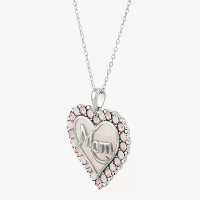 "Mom" Womens Pink Mother Of Pearl Sterling Silver Heart 16 Inch Pendant Necklace