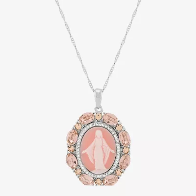 Our Lady Of Grace Virgin Mary Womens Pink Crystal Sterling Silver Cameo Oval Pendant