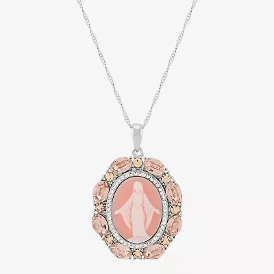 Our Lady Of Grace Virgin Mary Womens Pink Crystal Sterling Silver Cameo Oval Pendant