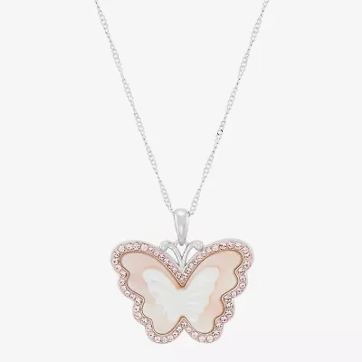 Womens Pink Mother Of Pearl Sterling Silver Butterfly 18 Inch Pendant Necklace