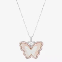 Womens Pink Mother Of Pearl Sterling Silver Butterfly 18 Inch Pendant Necklace