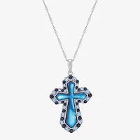 Womens Blue Mother Of Pearl Sterling Silver Cross 18 Inch Pendant Necklace