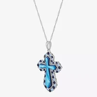 Womens Blue Mother Of Pearl Sterling Silver Cross 18 Inch Pendant Necklace