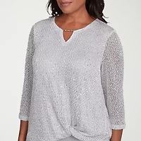 Alfred Dunner Estate Of Mind Womens Split Crew Neck 3/4 Sleeve Blouse