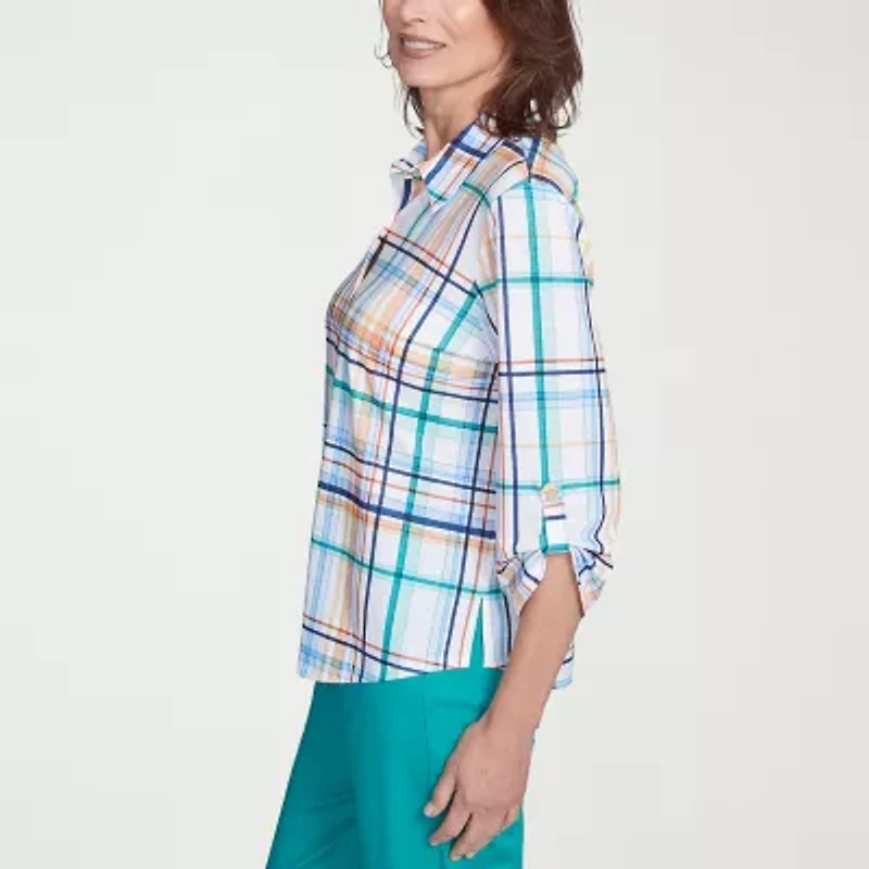 Alfred Dunner Nantucket Womens 3/4 Sleeve Button-Down Shirt