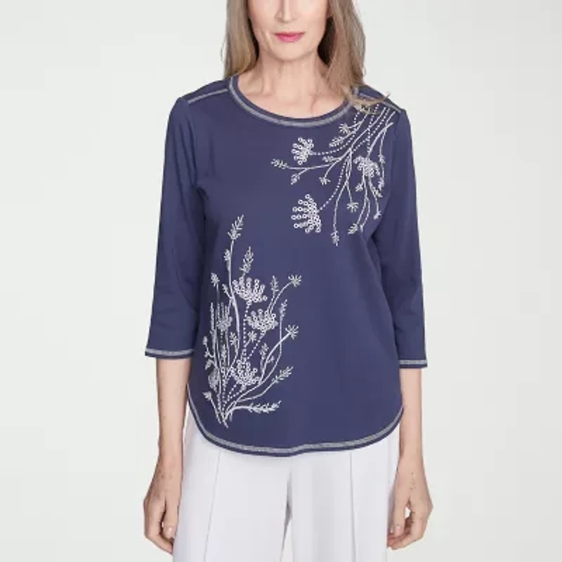 Alfred Dunner Nantucket Womens Crew Neck 3/4 Sleeve T-Shirt