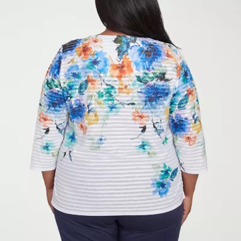 Alfred Dunner Nantucket Womens Crew Neck 3/4 Sleeve Plus T-Shirt