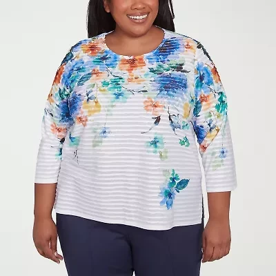 Alfred Dunner Nantucket Womens Crew Neck 3/4 Sleeve Plus T-Shirt