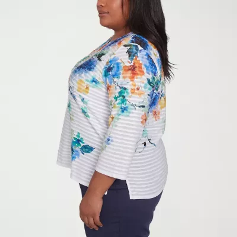 Alfred Dunner Nantucket Womens Crew Neck 3/4 Sleeve Plus T-Shirt