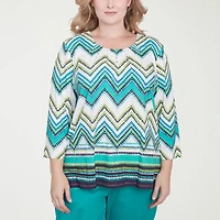 Alfred Dunner Nantucket Womens Round Neck 3/4 Sleeve Stretch Fabric Plus T-Shirt
