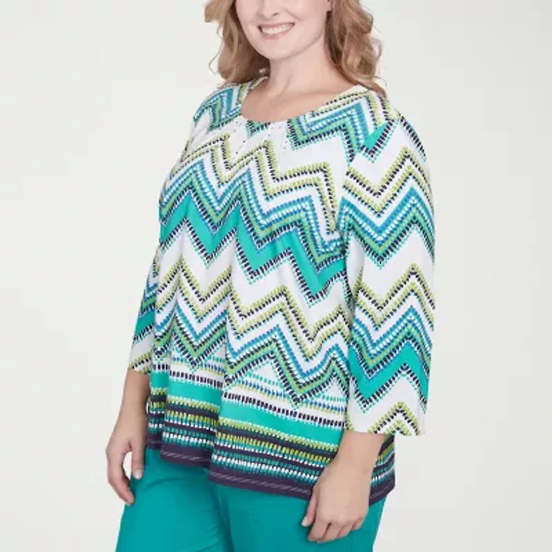 Alfred Dunner Nantucket Womens Round Neck 3/4 Sleeve Stretch Fabric Plus T-Shirt