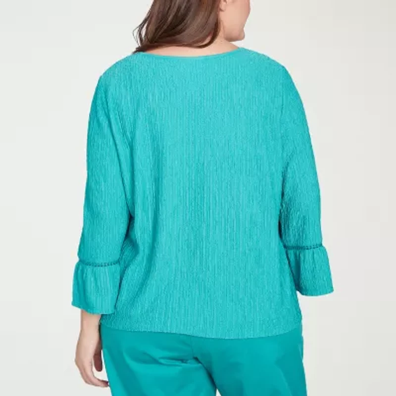 Alfred Dunner Nantucket Womens Split Crew Neck 3/4 Sleeve Stretch Fabric Plus T-Shirt