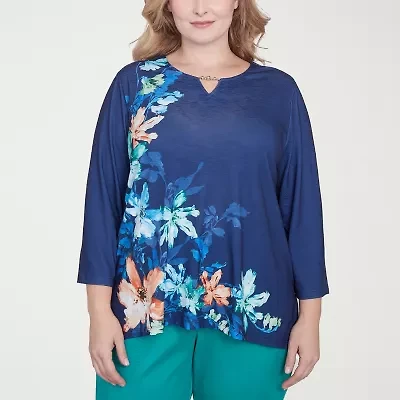 Alfred Dunner Nantucket Womens Split Crew Neck 3/4 Sleeve Stretch Fabric Plus T-Shirt
