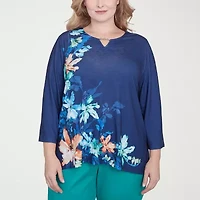 Alfred Dunner Nantucket Womens Split Crew Neck 3/4 Sleeve Stretch Fabric Plus T-Shirt