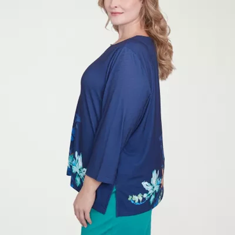 Alfred Dunner Nantucket Womens Split Crew Neck 3/4 Sleeve Stretch Fabric Plus T-Shirt