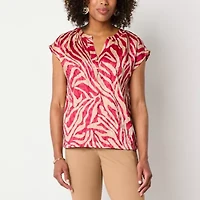 Liz Claiborne Womens Split Crew Neck Short Sleeve Blouse