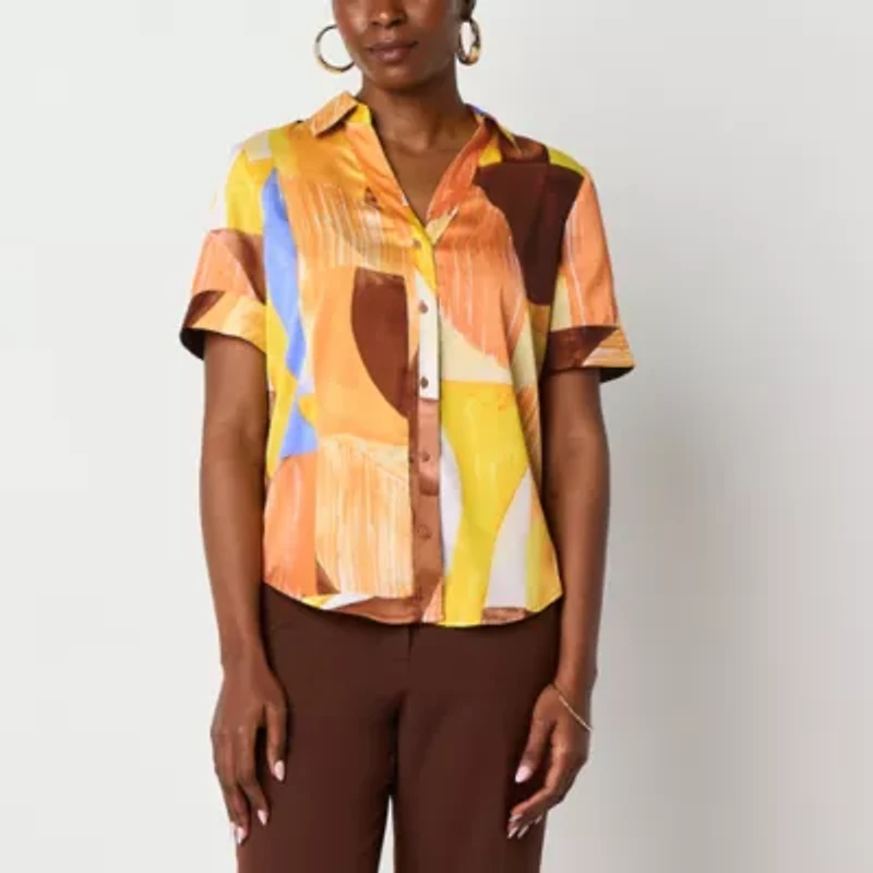 Worthington Womens Short Sleeve Fitted Button-Down Shirt