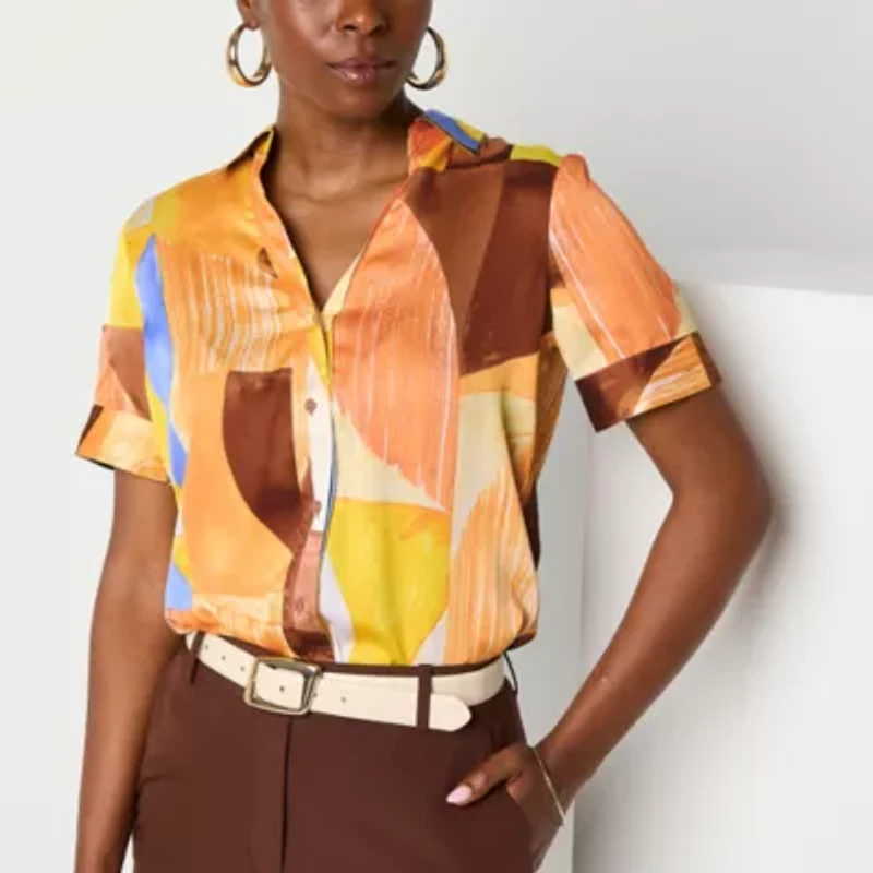 Worthington Womens Short Sleeve Fitted Button-Down Shirt