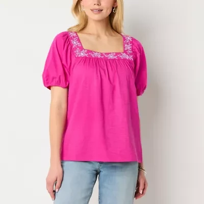 St. John's Bay Womens Square Neck Short Sleeve Embroidered Blouse