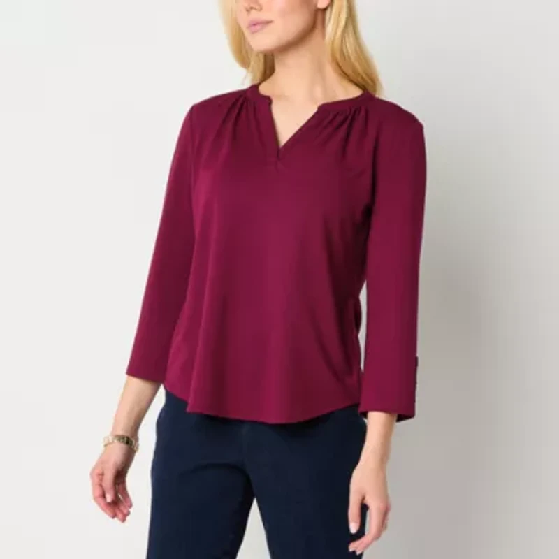 Liz Claiborne Womens V Neck 3/4 Sleeve Blouse