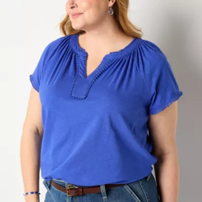 St. John's Bay Womens Split Crew Neck Short Sleeve Plus T-Shirt