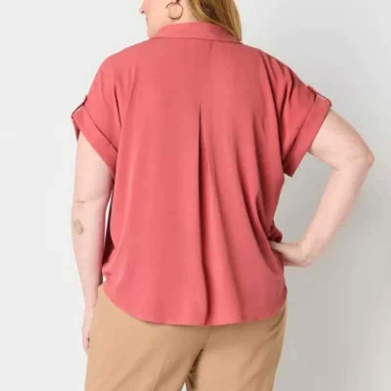 Liz Claiborne Womens Plus V Neck Short Sleeve Blouse