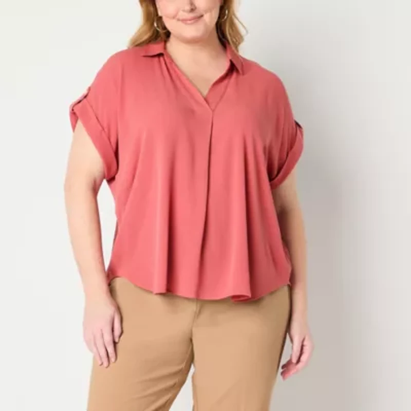 Liz Claiborne Womens Plus V Neck Short Sleeve Blouse