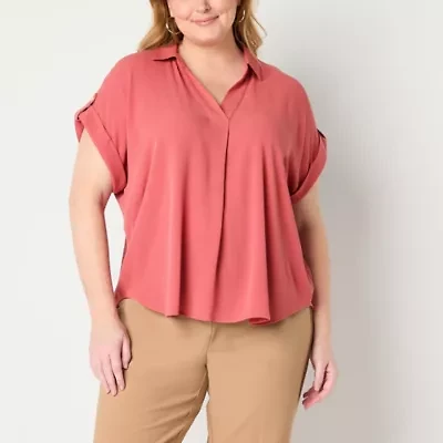 Liz Claiborne Womens Plus V Neck Short Sleeve Blouse