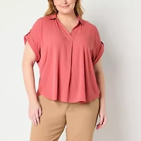 Liz Claiborne Womens Plus V Neck Short Sleeve Blouse