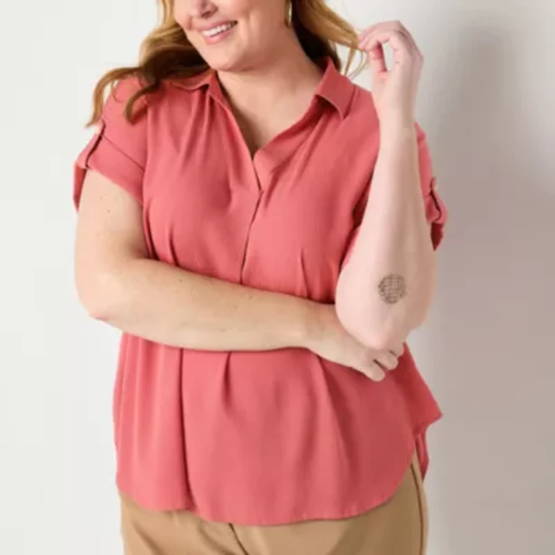 Liz Claiborne Womens Plus V Neck Short Sleeve Blouse