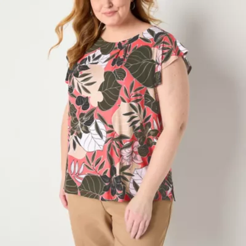 Liz Claiborne Womens Crew Neck Short Sleeve Plus Blouse