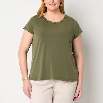 Liz Claiborne Womens Round Neck Short Sleeve Plus Blouse