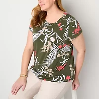 Liz Claiborne Womens Plus Round Neck Short Sleeve Blouse
