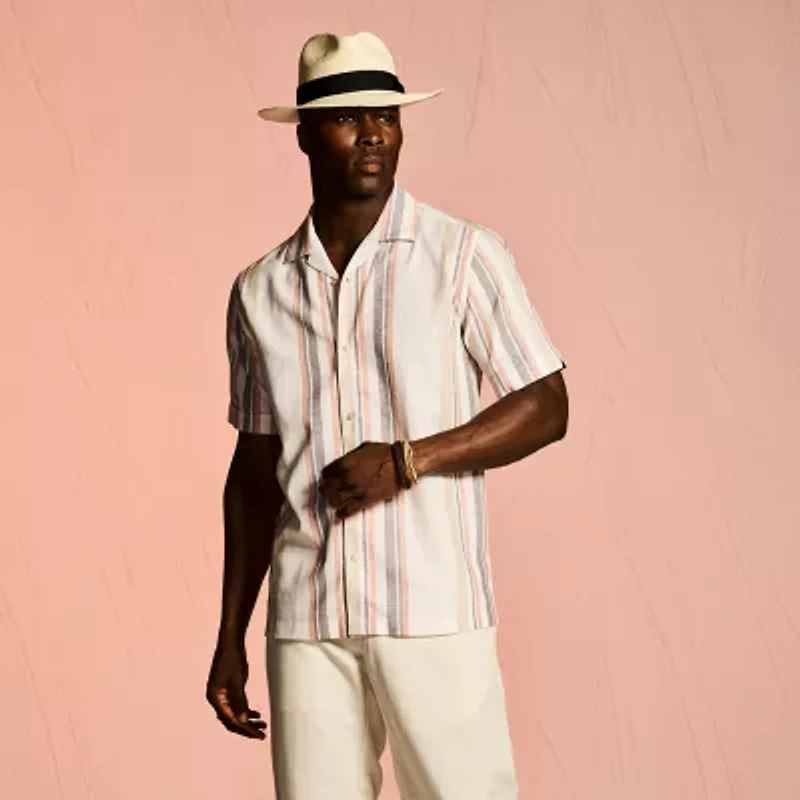 Cubavera Yarn Dye Panel Mens Short Sleeve Regular Fit Button-Down Shirt