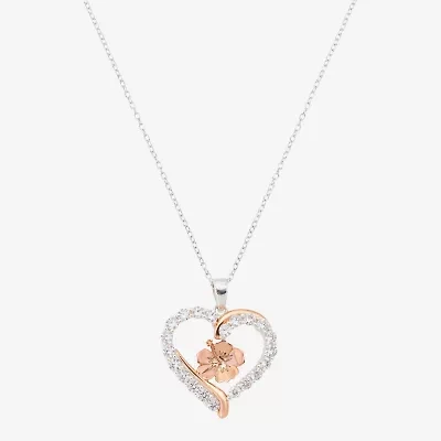 Disney Classics Womens Cubic Zirconia 14k Rose Gold Over Brass Pure Silver Over Brass Heart 16 Inch Pendant Necklace