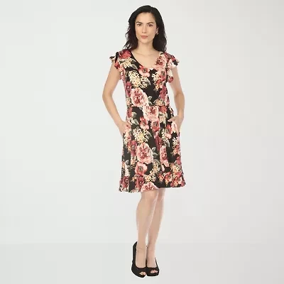 White Mark V-Neck Womens Short Sleeve Floral Empire Waist Dress