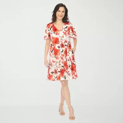 White Mark V-Neck Vintage Floral Womens Short Sleeve A-Line Dress