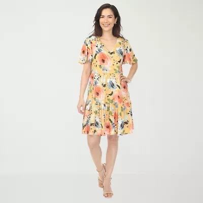 White Mark V-Neck Vintage Floral Womens Short Sleeve A-Line Dress