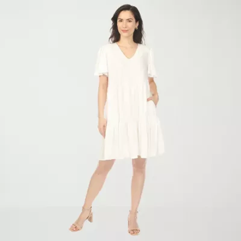 White Mark V-Neck Womens Short Sleeve A-Line Dress