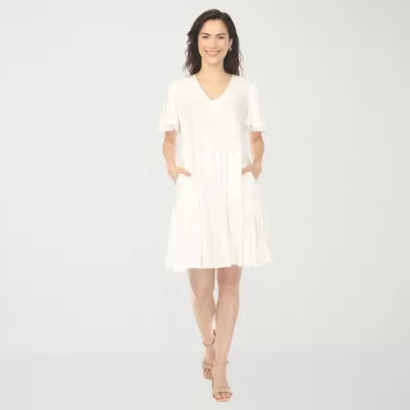 White Mark V-Neck Womens Short Sleeve A-Line Dress