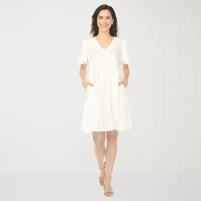White Mark V-Neck Womens Short Sleeve A-Line Dress