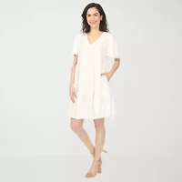 White Mark V-Neck Womens Short Sleeve A-Line Dress