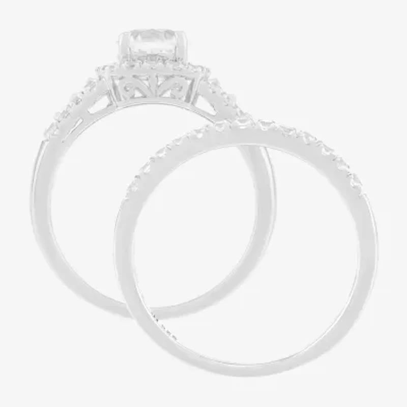 Limited Quantities! Womens Lab Created White Sapphire Sterling Silver Side Stone Halo Bridal Set