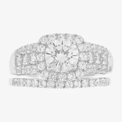 Limited Quantities! Womens Lab Created White Sapphire Sterling Silver Side Stone Halo Bridal Set
