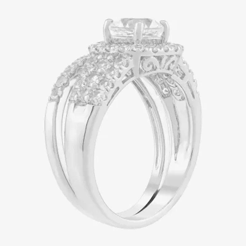 Limited Quantities! Womens Lab Created White Sapphire Sterling Silver Side Stone Halo Bridal Set