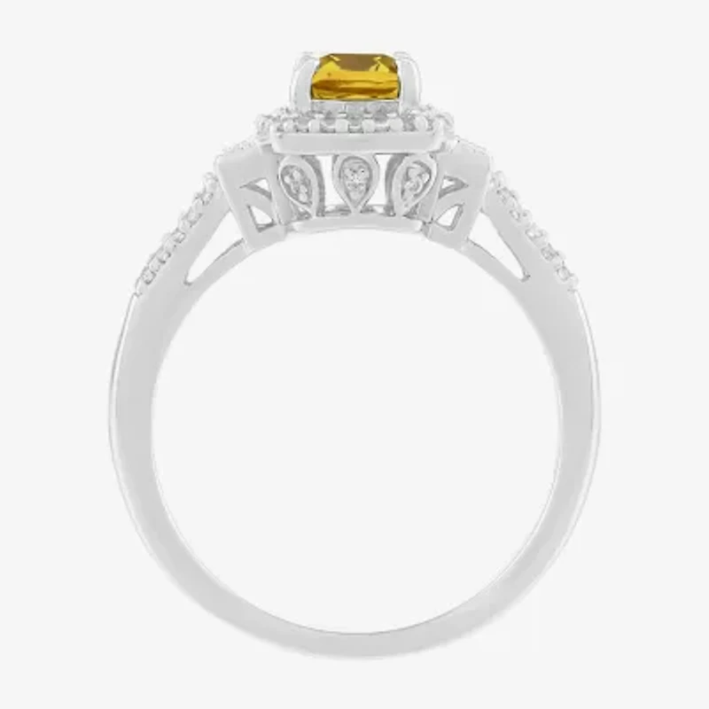 Limited Quantities! Womens Genuine Yellow Citrine Sterling Silver Halo Side Stone Cocktail Ring