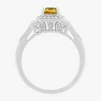 Limited Quantities! Womens Genuine Yellow Citrine Sterling Silver Halo Side Stone Cocktail Ring