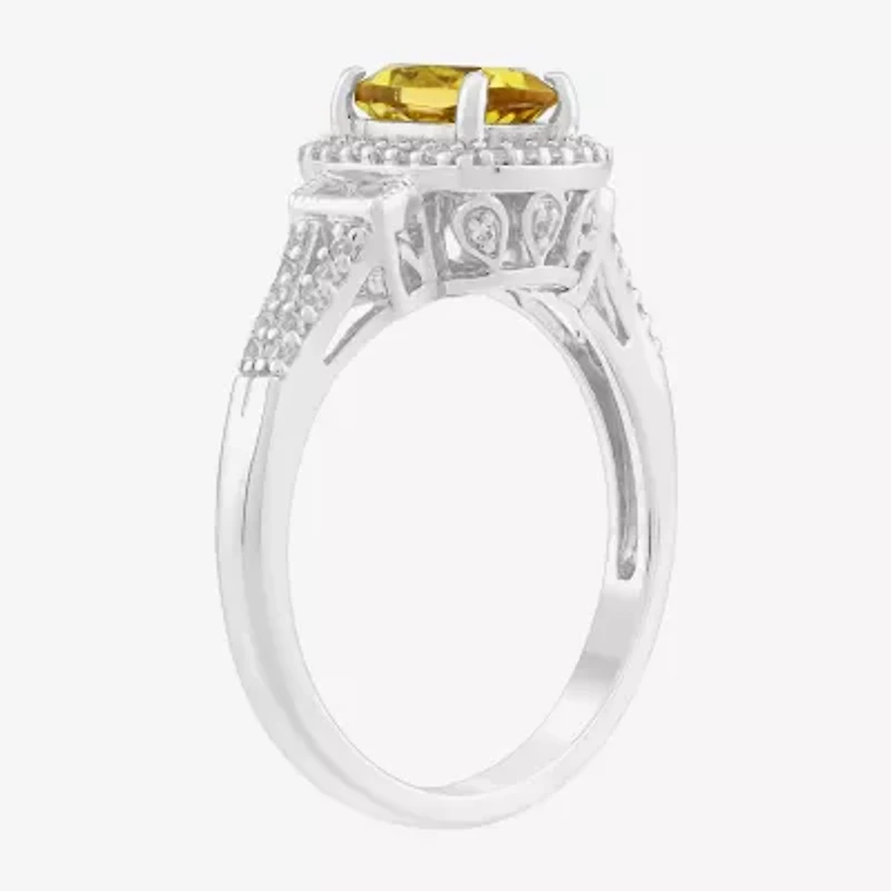 Limited Quantities! Womens Genuine Yellow Citrine Sterling Silver Halo Side Stone Cocktail Ring